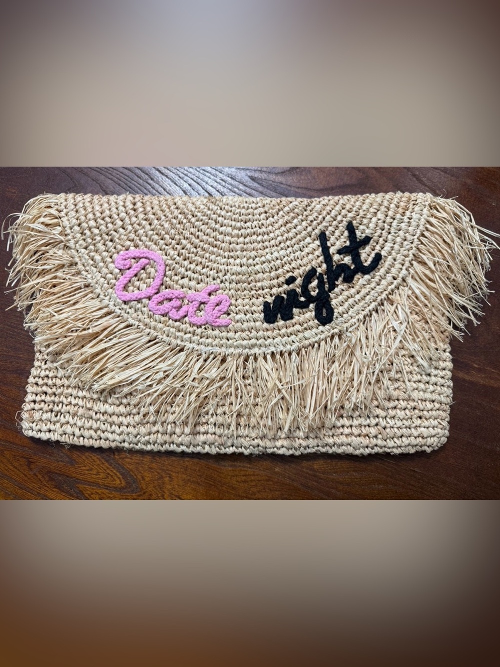 BTB Los Angeles Womens Beige Date Night Straw Oversize Fringe Clutch Bag